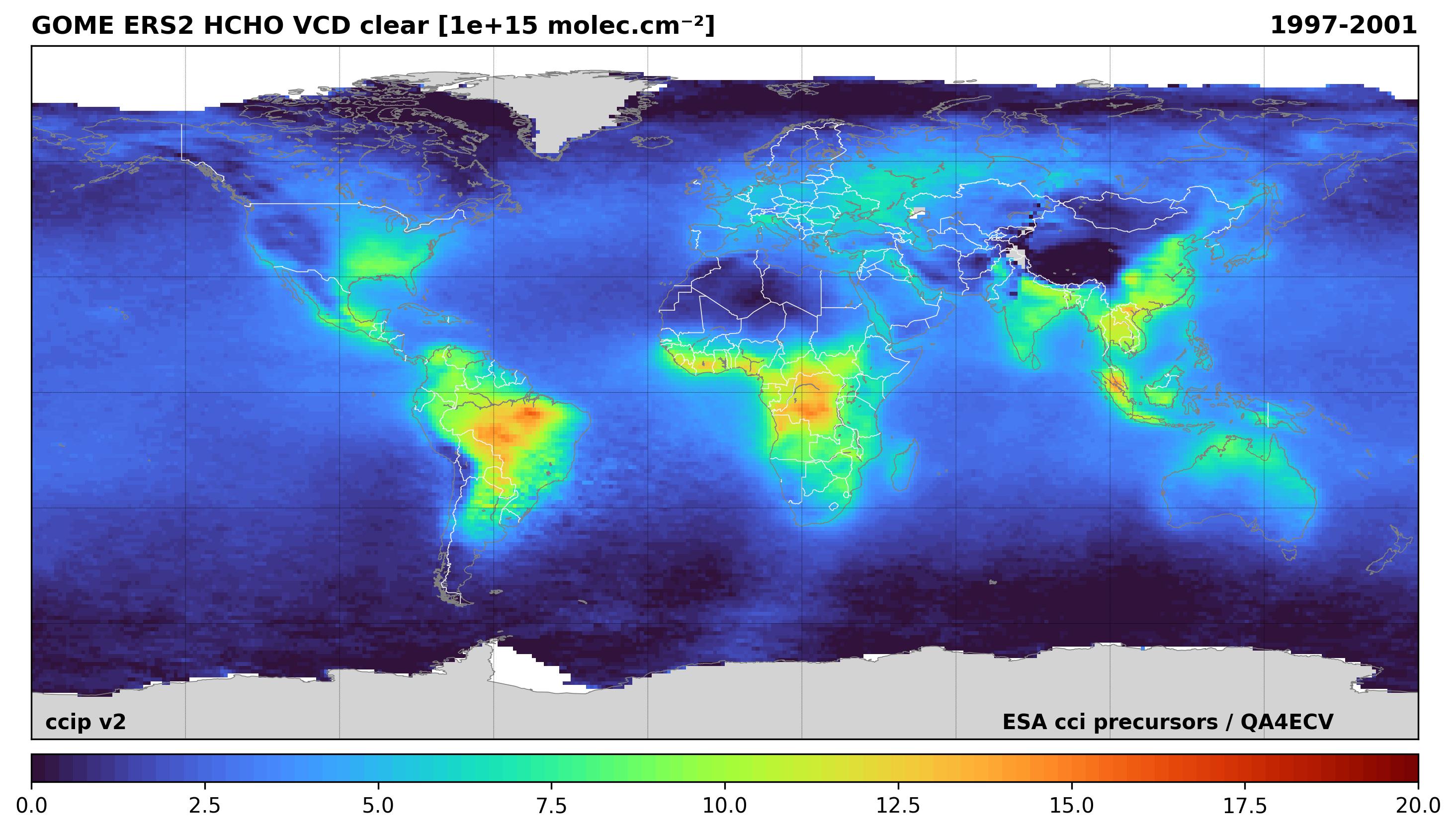 ccip v2 GOME ERS2 tropospheric HCHO column number density clear 5Y 1997 2001 90 90 180 180