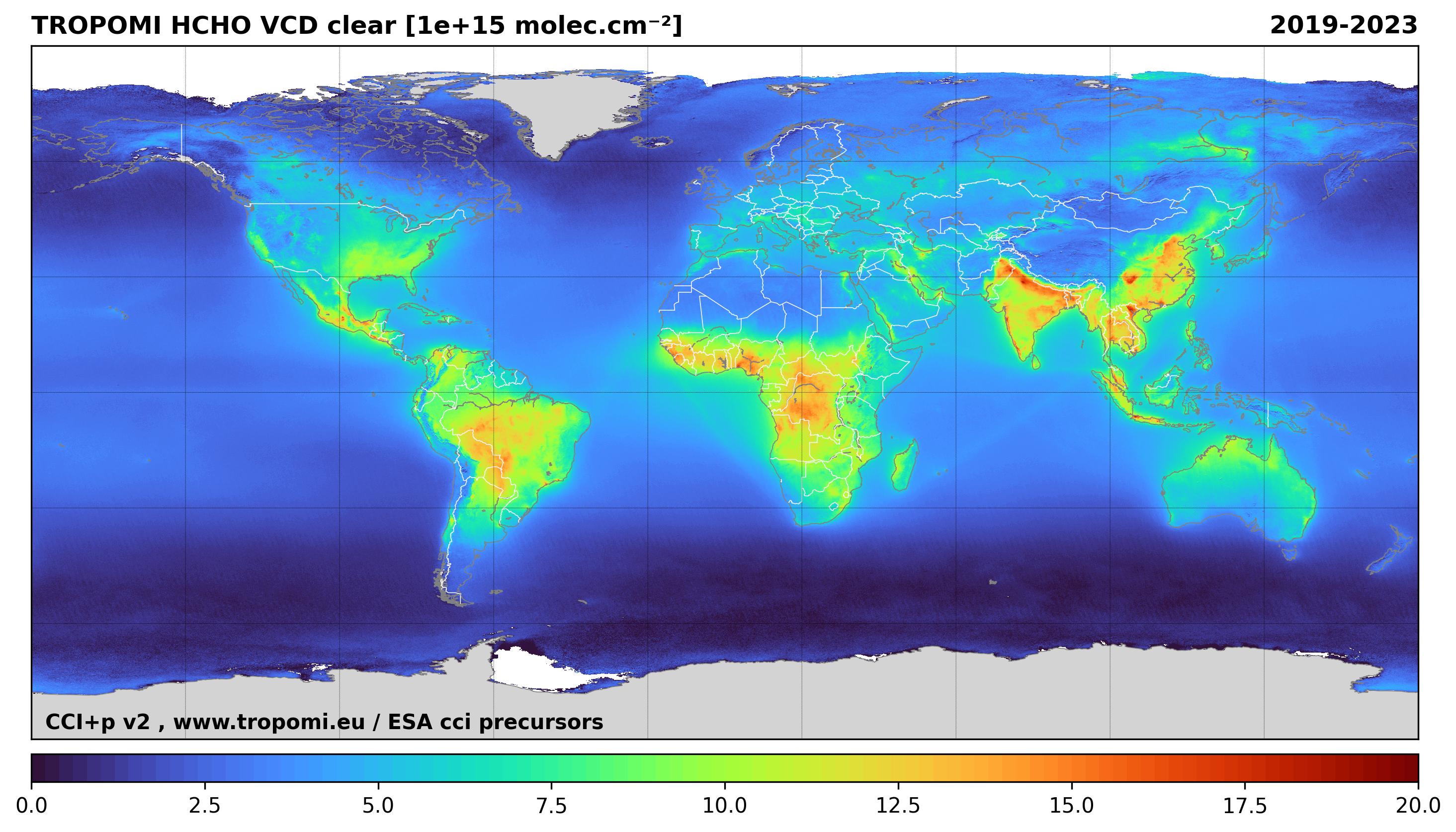 CCIp v2 TROPOMI S5P tropospheric HCHO column number density clear 5Y 2019 2023 90 90 180 180