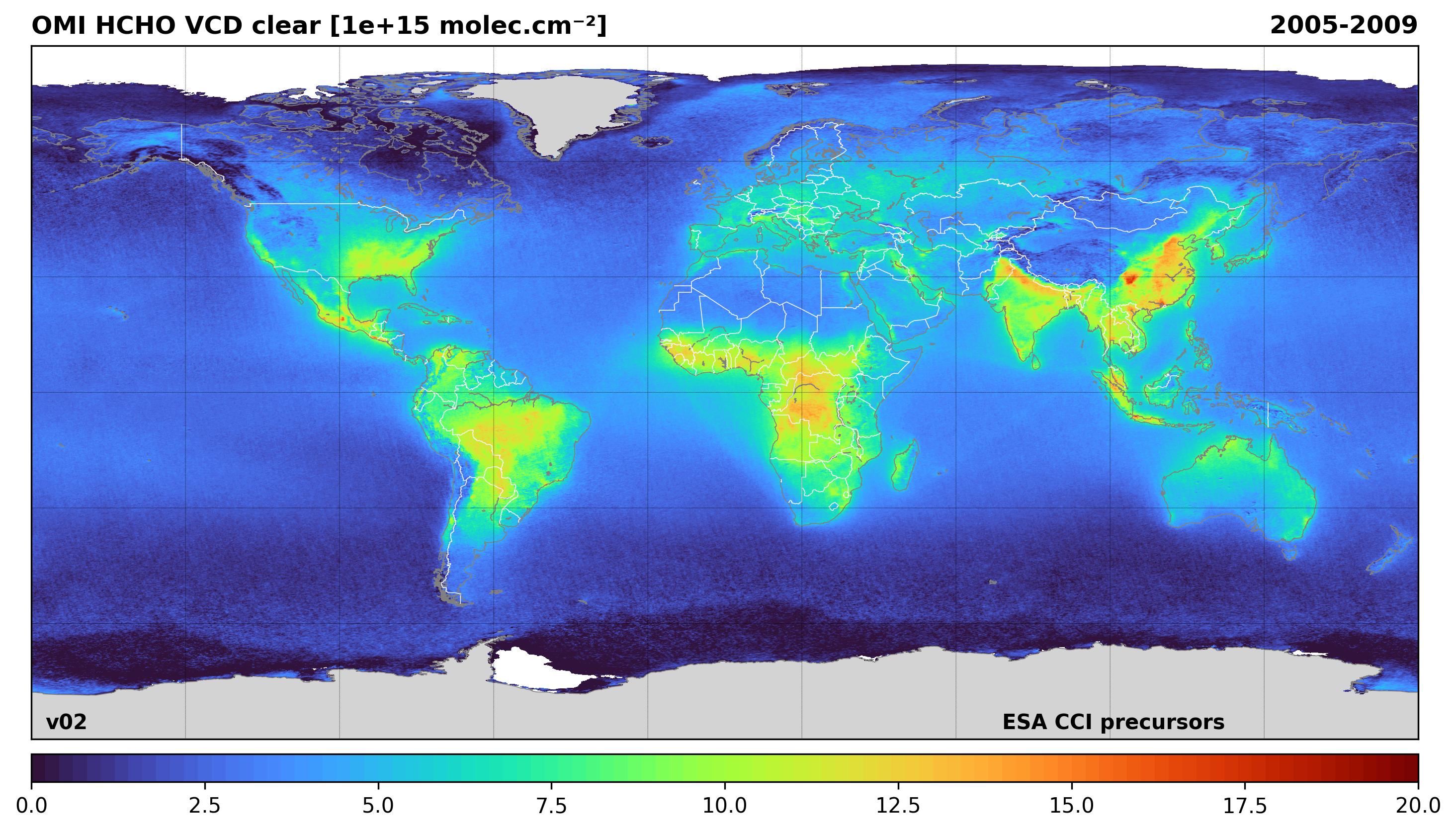 v01.00 OMI AURA tropospheric HCHO column number density clear 5Y 2005 2009 90 90 180 180